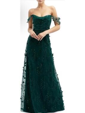 New Dessy Collection 3D Embroidered Off the Shoulder Gown In Evergreen Sz 6 $279